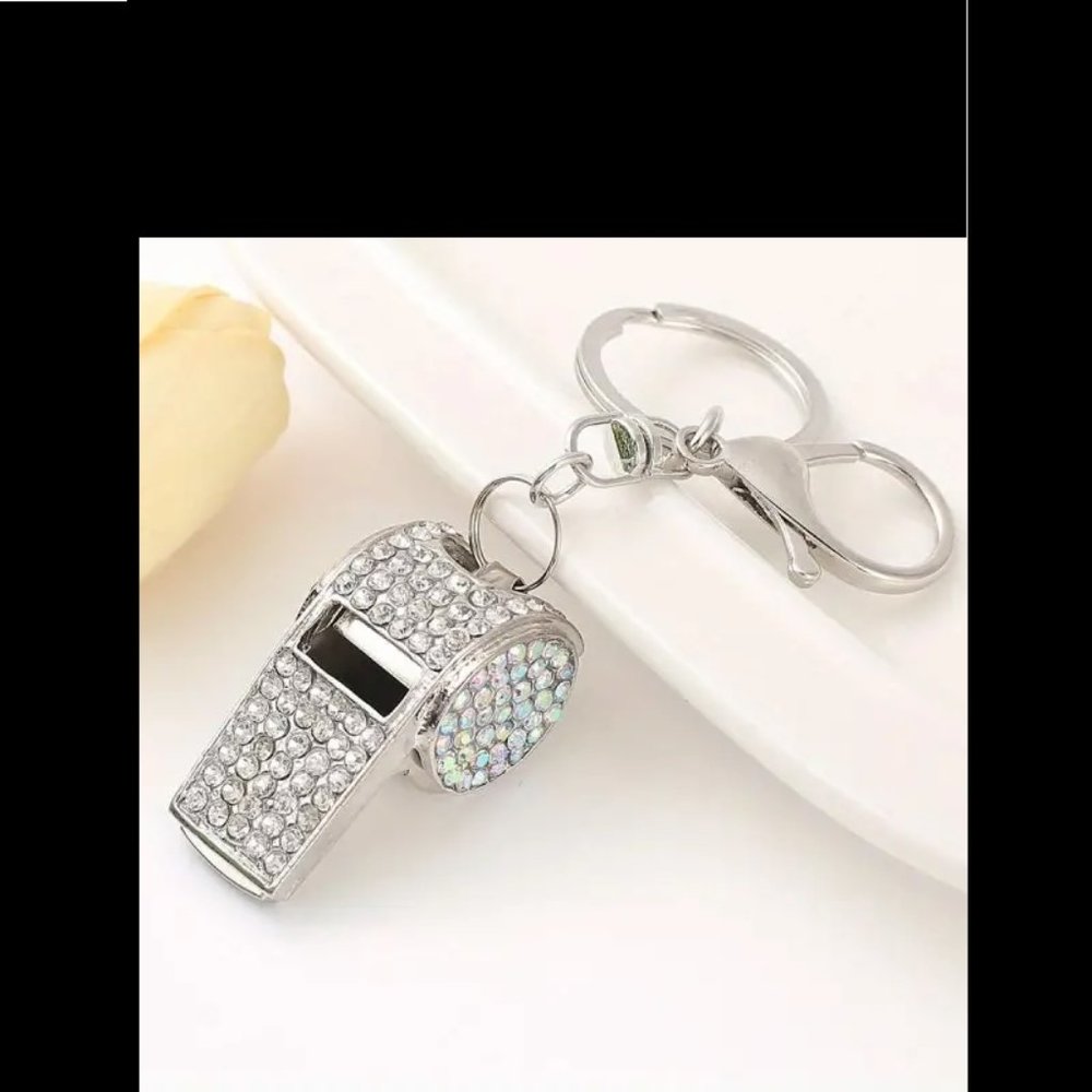 New Silver Bedazzled Whistle Bag Charm iridescent crystals Key Ring - Referees